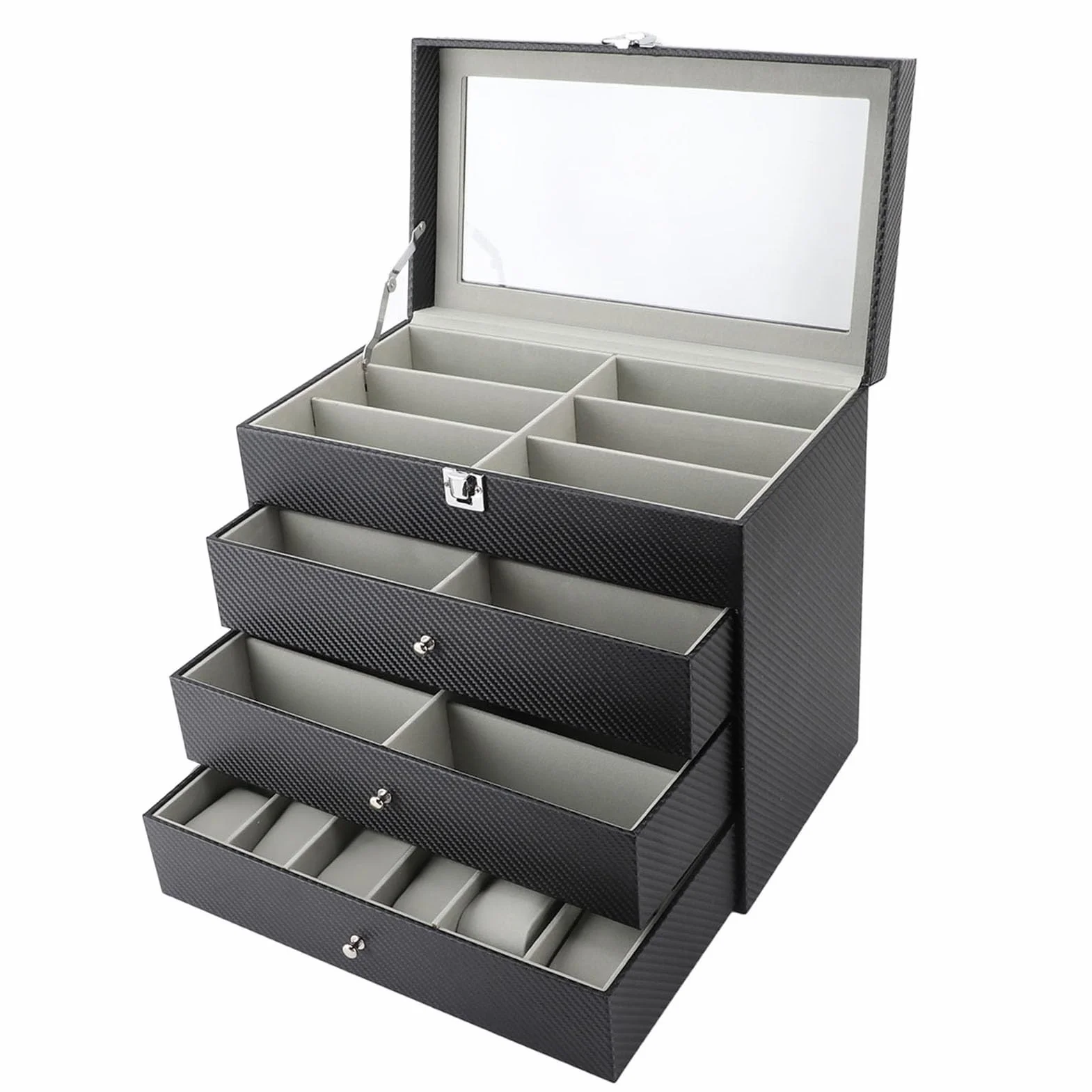 Organizer na Okulary Przeciwsłoneczne, 4 Warstwy, 27 Przegródek Organizer na Okulary z Włókna Węglowego, Uchwyt Przeciwsłoneczne z szarą aksamitną wyściółką, Duża pojemność dla Domowych